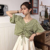 V-Neck Cute Plaid Lace Tie Short Sleeve Shirts